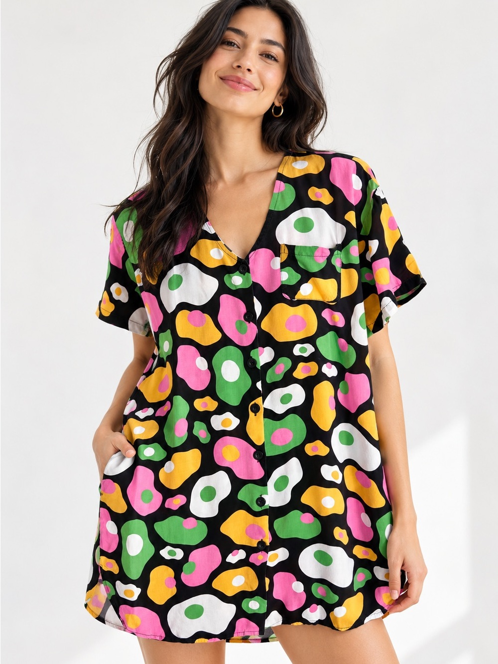 Nooworks Joyce Fried Egg Print Tunic Mini Dress Button Up Sz Large 100% Rayon